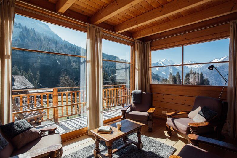 chalet interior with mountain views