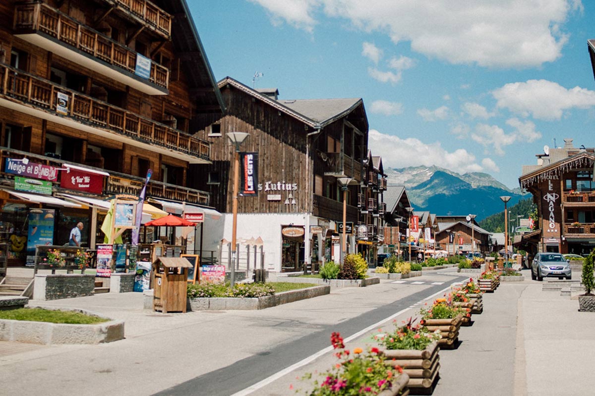 The mountain village of Les Gets in summer in the Alps