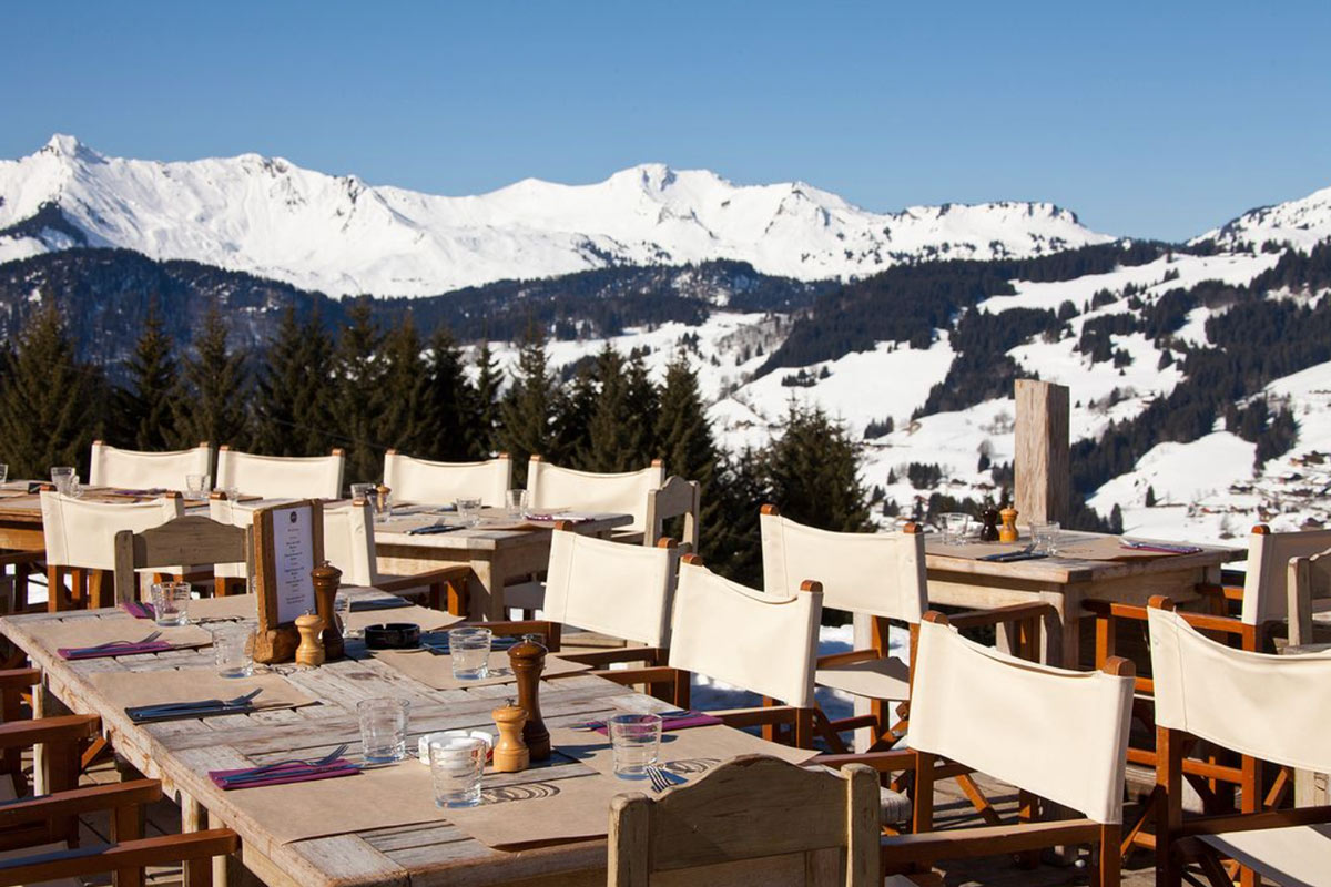 La Paika restaurant terrace with Alpine views in winter