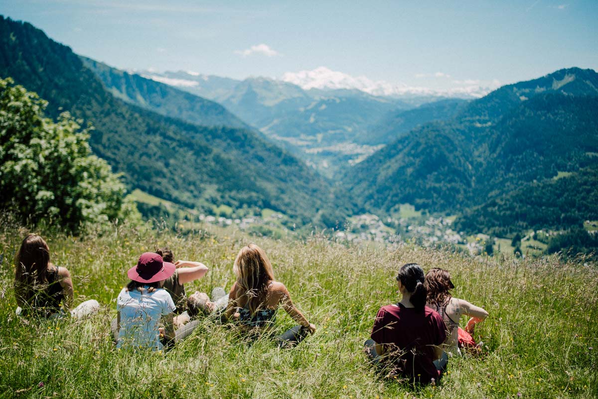Mountain meditation in the Alps in summer