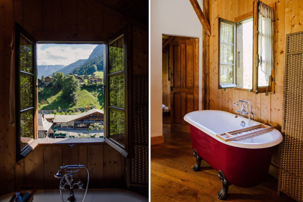 Open plan bathroom with mountain view in the French Alps