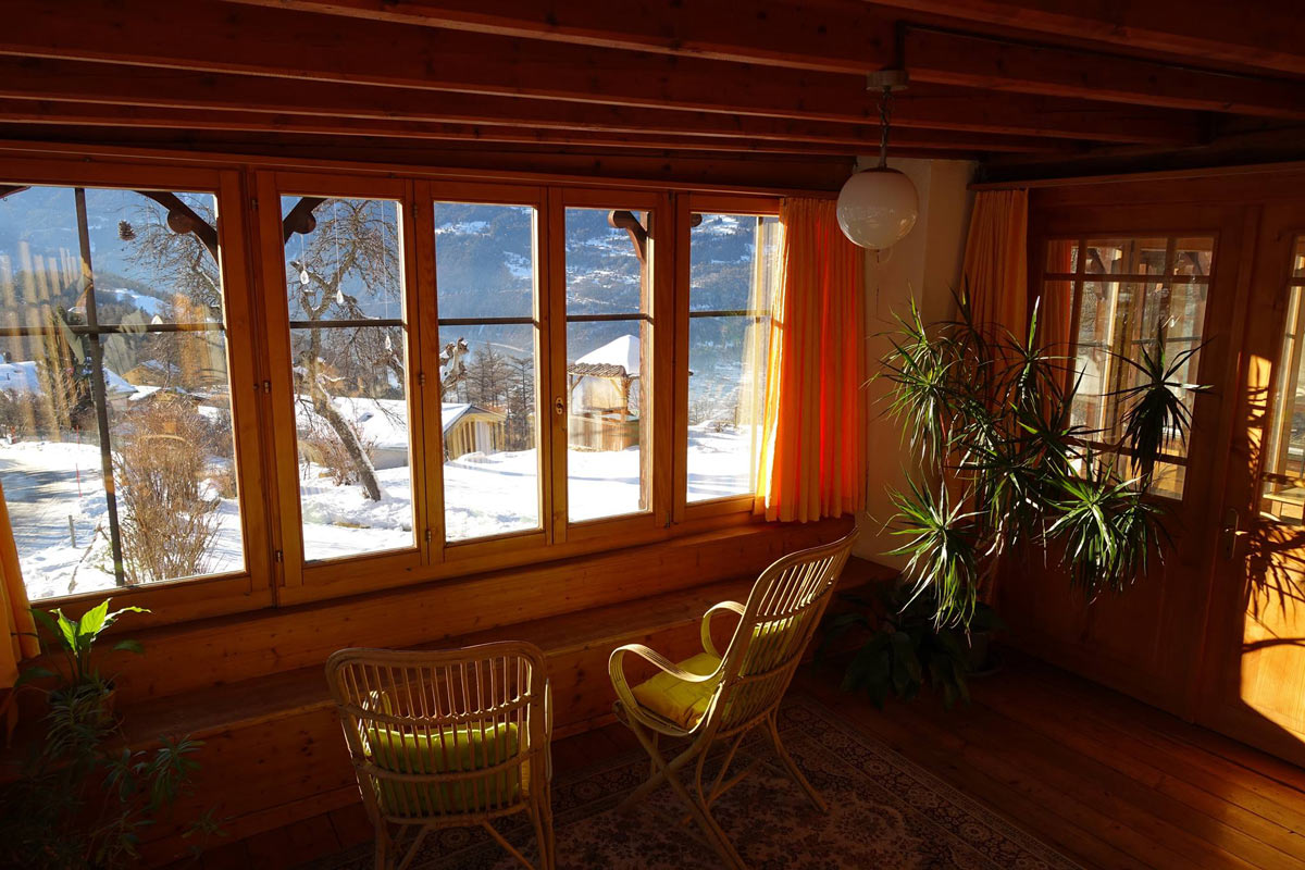 view from hotel pension beau site in winter