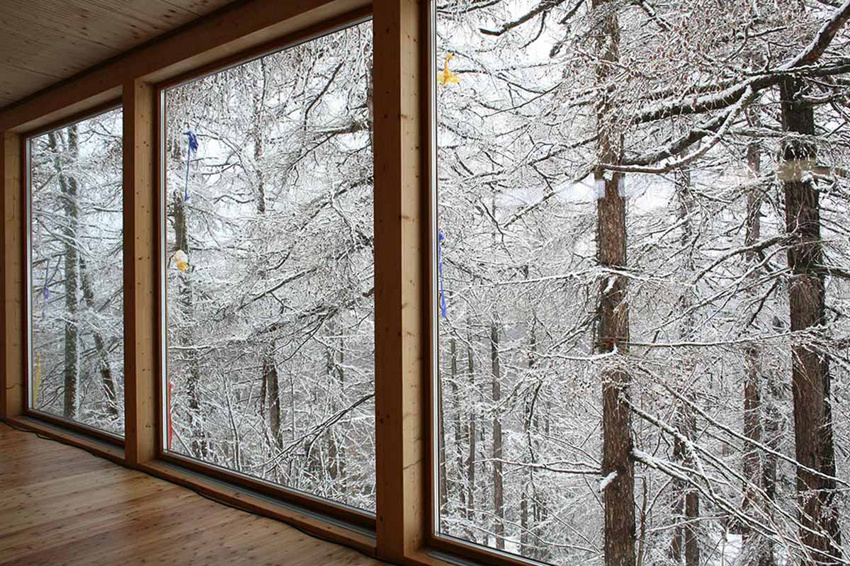 view from hotel pension yoga space in winter