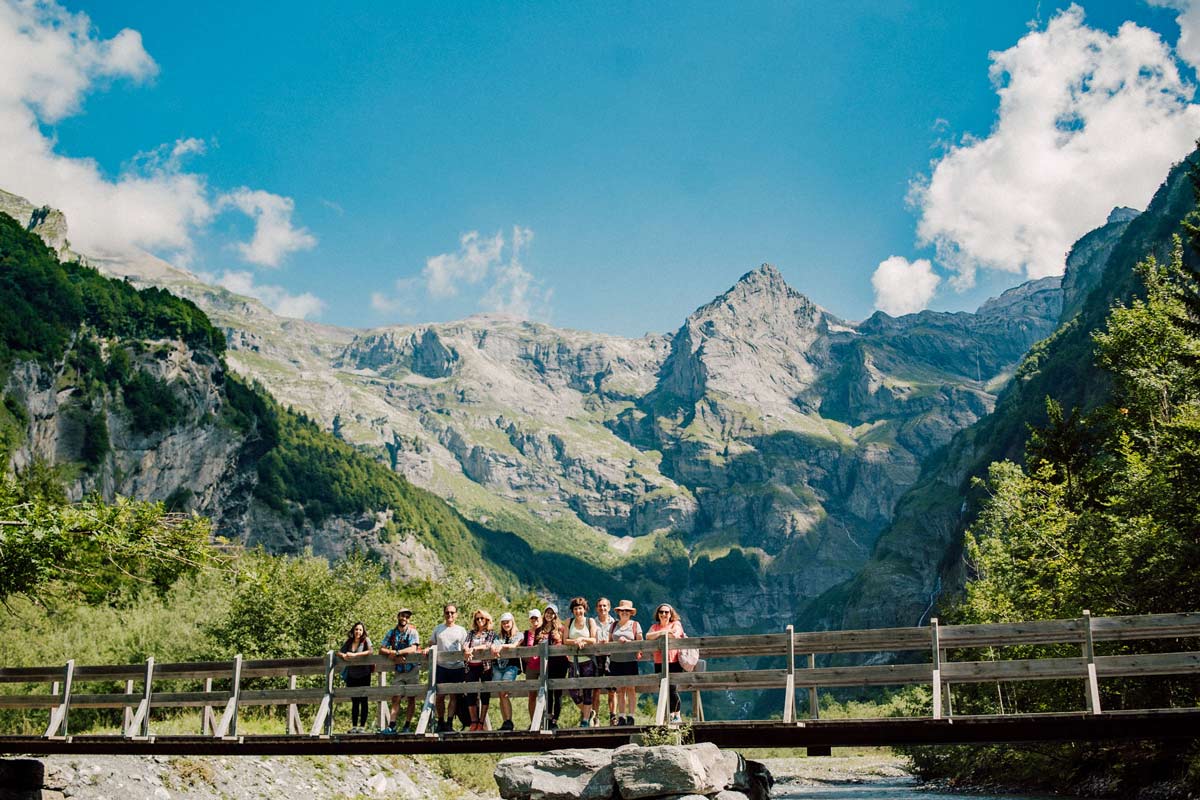 A group together on a yoga retreat in the Samoens Valley in the summer