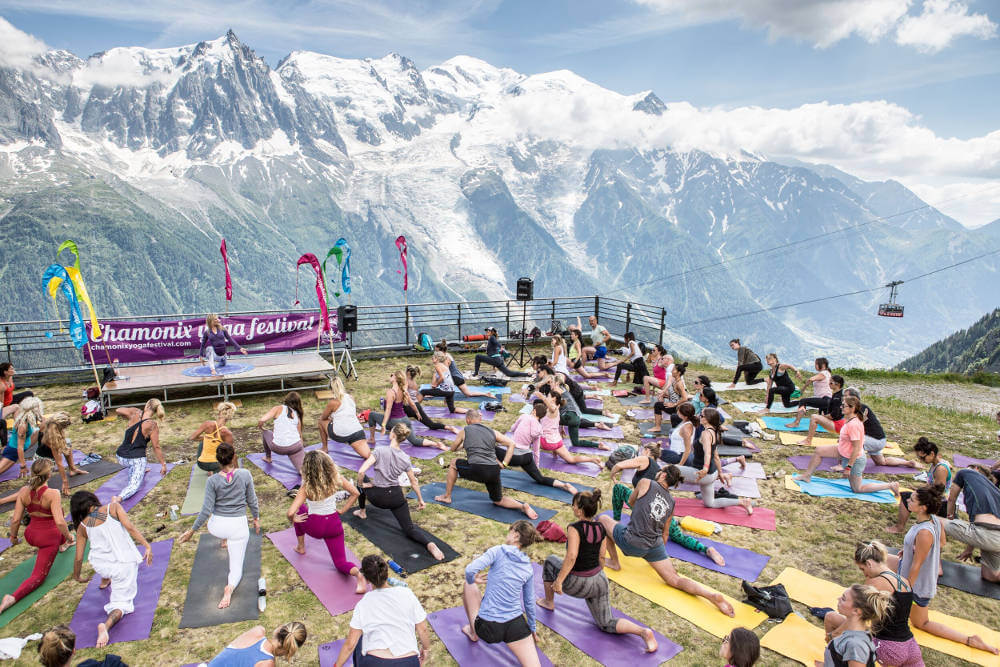 Yoga Class at Chamonix Yoga Festival in front of Mont Blanc