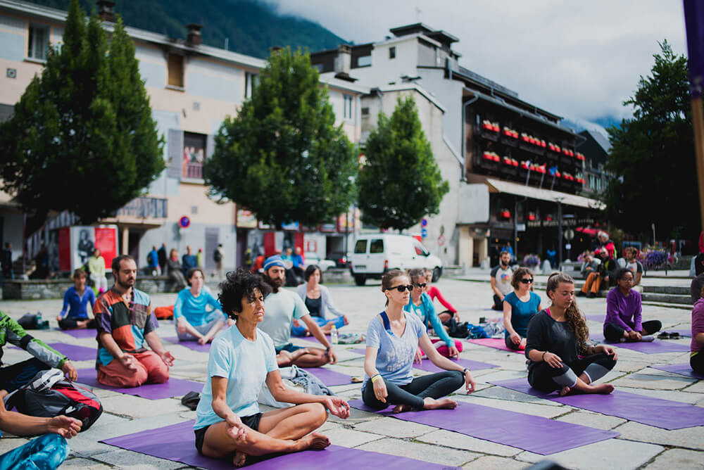 Group meditation in the town of Chamonix Mont Blanc