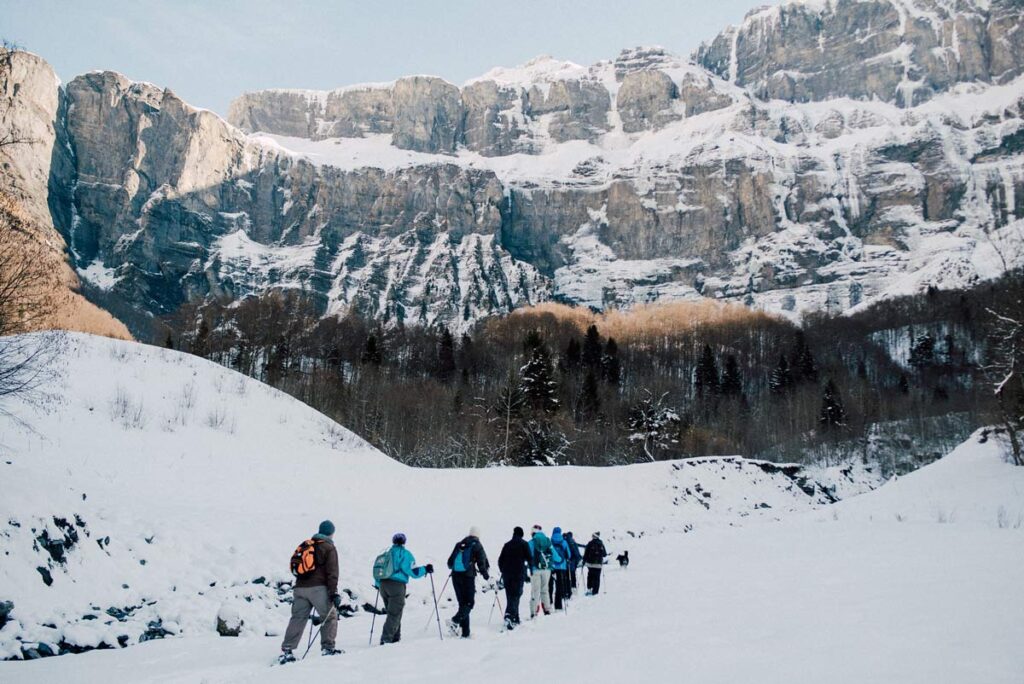Winter hiking on snowshoes in Cirque Fer A Cheval